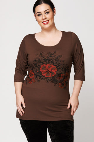 Flower Bed Design Dipped Hem Top-Brown-UK 26/28 - EU 54/56