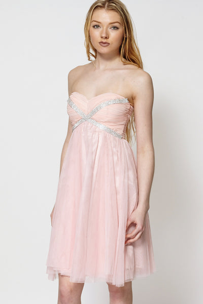 Draped Embellished Top High Waist Pleated Swing Dress-Pink-L