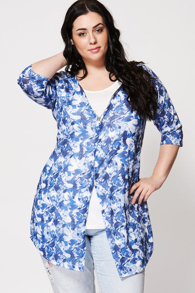 Floral Print Two-In-One Top And Cardigan-Blue -26/28