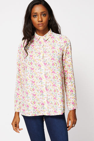 Floral Print Long Sleeved Dipped Hem Shirt-Cream-UK 14 - EU 42