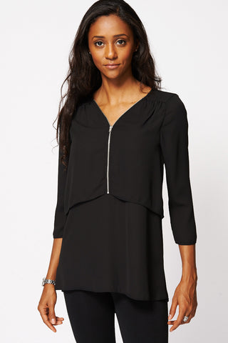 Black Zip Detail Layered Chiffon Blouse Ex-Branded-Black-UK 14 - EU 42