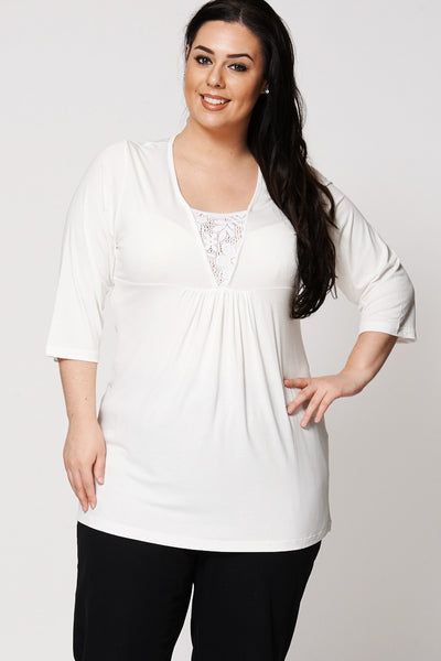 Cream V-Neck Tunic with Crochet Underlay Detail-Cream-UK 26/28 - EU 54/56