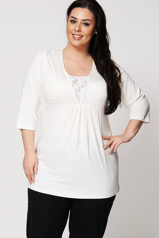 Cream V-Neck Tunic with Crochet Underlay Detail-Cream-UK 26/28 - EU 54/56