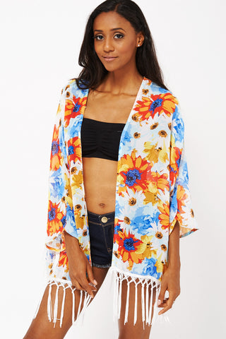 Floral Fringed Kimono-Multi-Large - UK (12-14)