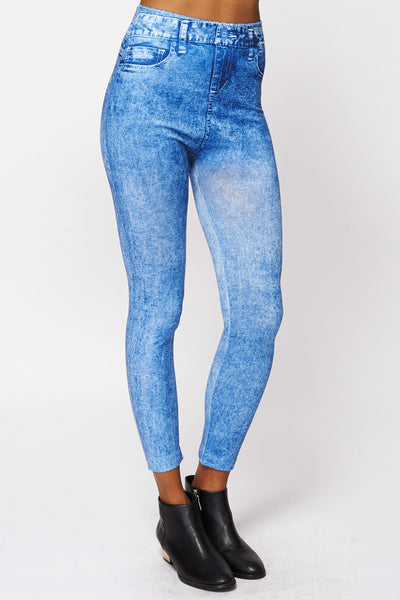 Acid Wash Jean Detail Thermal Leggings-Black-One Size - UK (6-12)