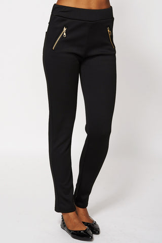 Zip Detail Fleece Jeggings-Black-M