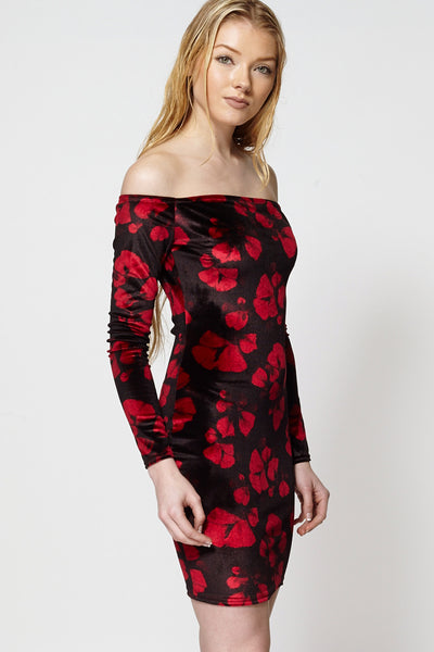 Floral Print Off Shoulder Velour Bodycon Dress Ex-Branded-Floral-14