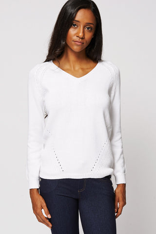 White Cotton V Neck Jumper Ex-Branded Available In Plus Sizes-White-UK 22 - EU 50