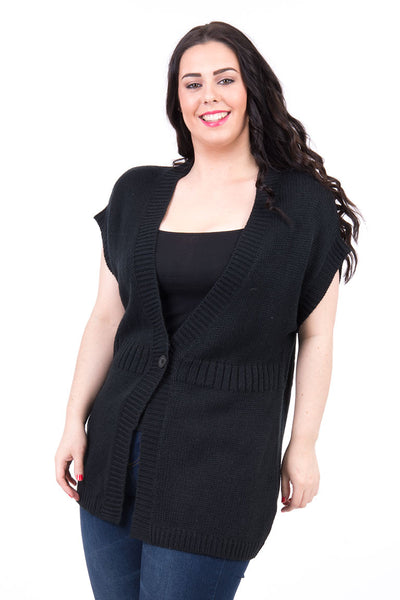 Short Sleeved Long Black Cardigan-Black-UK 16 - EU 44