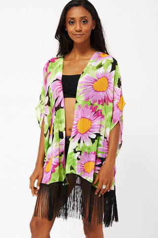 Flower Print Kimono With Tassels -Green-X Large- UK (14-16)