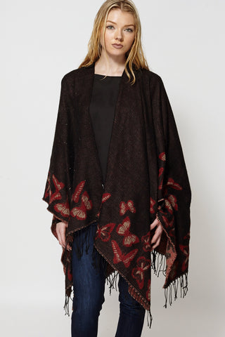 Butterfly Print Fringe Hem Knitted Poncho Cape-Red-One Size