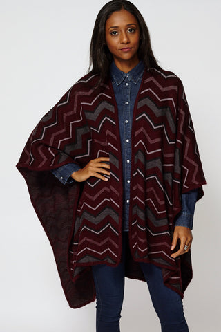 Knitted Zig Zag Print Open Poncho Cape-Burgundy-One Size
