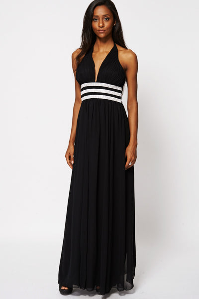 Black Deep V Halterneck Diamante Waist Evening Dress-Black-Medium - UK (10-12)