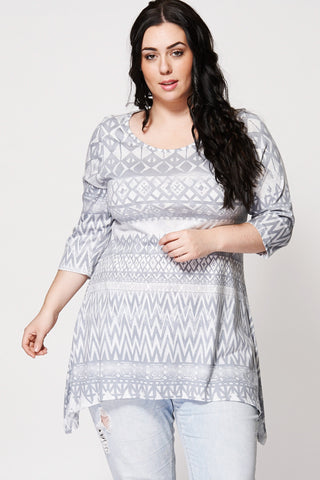 Grey Aztec Mix Print Hanky Hem Top-Grey-20