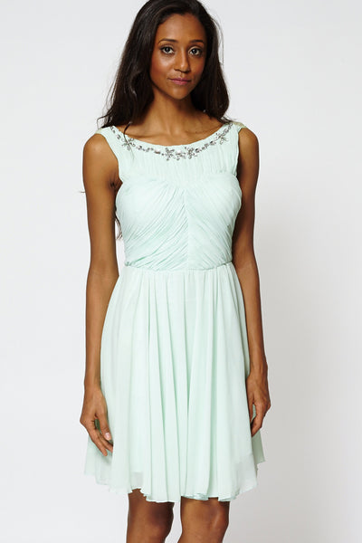 Draped Top with Bead Detail Prom Dress -Green-M