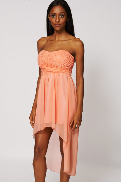 Coral Sweetheart Neckline Dipped Hem Chiffon Dress-Coral-Medium - UK (10-12)