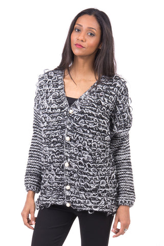 Fringe Knitted Cardigan With Pearl Buttons-Black-S/M - UK (8-10)