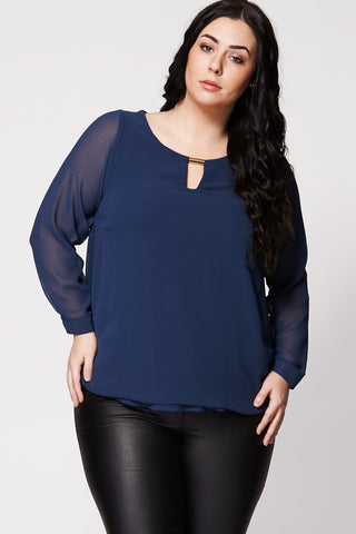 See-Through Long Sleeve Keyhole Neckline Blouse-Blue -28