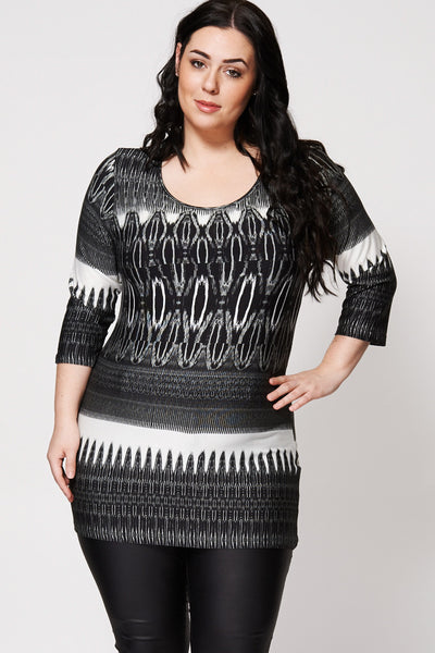 Reflection Mixed Pattern 3/4 Sleeve Top-Black-26/28