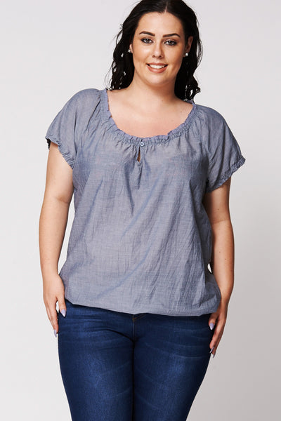 Blue Scoop Crochet Neckline Gypsy Top-Blue -UK 26/28 - EU 54/56