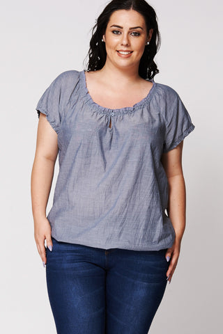 Blue Scoop Crochet Neckline Gypsy Top-Blue -UK 26/28 - EU 54/56