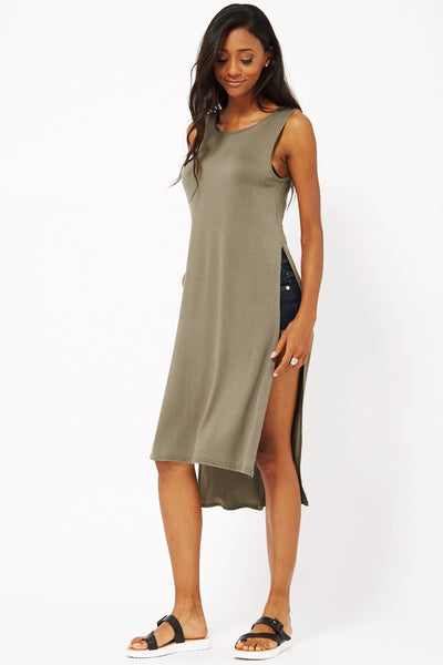 Vest Dress with Double Side Slit-Khaki-S/M - UK (10-12)