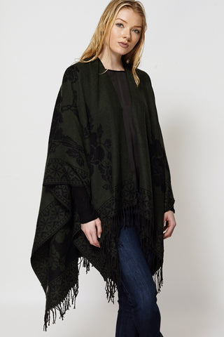 Floral Design Open Poncho Cape With Fringe-Grey-One Size