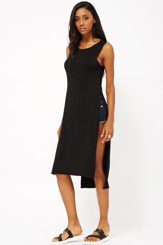Vest Style Tunic Dress with Double Side Slit-Black-S/M - UK (8-10)