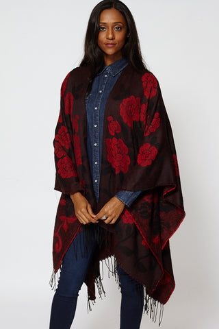 Knitted Floral Print Open Poncho Cape-Red-One Size