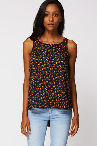 Autumn Flower Print Dipped Hem Sleeveless Blouse Ex-Branded-Black-UK 14 - EU 42