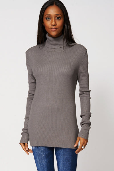 Grey Roll Neck Ribbed Fine Knit Long Jumper-Grey-XL