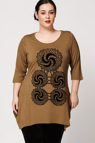 Mosaic Petal Flock Print Handkerchief Top-Khaki-UK 22/24 - EU 50/52