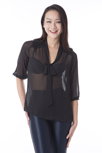 Loose Chiffon Blouse With Bow Detail-White -UK 10 - EU 38