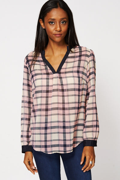 Checked Open Front Mandarin Collar Blouse-Pink-UK 16 - EU 44