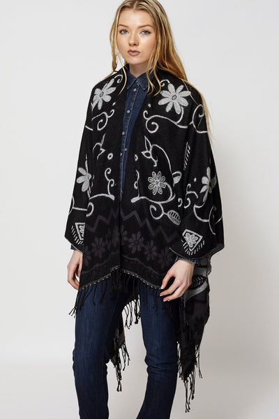 Floral Print Pashmina Open Poncho Cape-Black-One Size