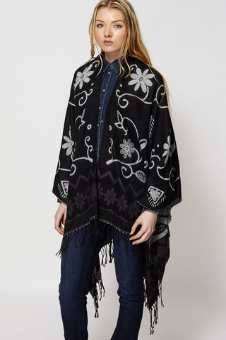 Floral Print Pashmina Open Poncho Cape-Black-One Size