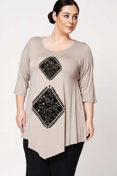 Diamond Flock Pattern Dipped Hem Top-Taupe-UK 22/24 - EU 50/52