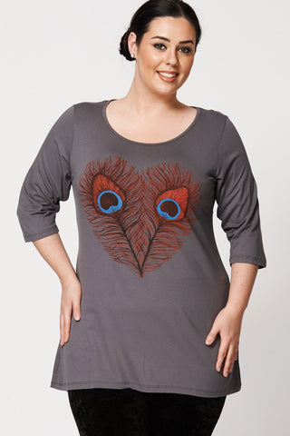 Peacock Feather Heart  Detail Top-Grey-UK 26/28 - EU 54/56