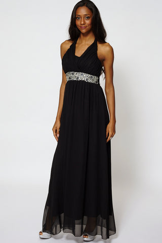 Deep V-Neckline Glass Beads High Waist Evening Dress-Coral-M