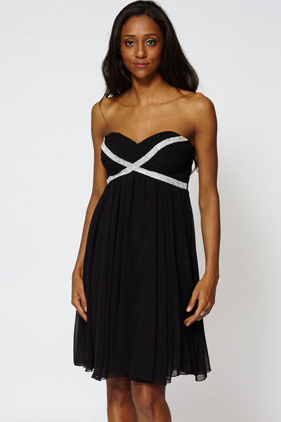 Draped Embellished Top Strapless Pleated Swing Dress-Black-M