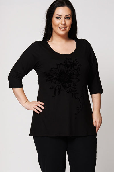Black Sunflower Flock Print Dipped Hem Top-Black-UK 30/32 - EU 58/60