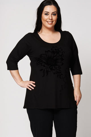 Black Sunflower Flock Print Dipped Hem Top-Black-UK 30/32 - EU 58/60