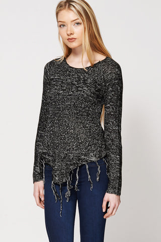 Asymmetric Fringe Hemline Knitted Sweater Ex-Branded-Black-XL