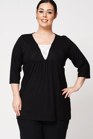 Black V-Neck Tunic with Crochet Underlay Detail-Black-UK 26/28 - EU 54/56