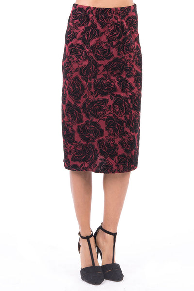 Floral Pattern Midi Skirt-Burgundy-UK 10 - EU 38