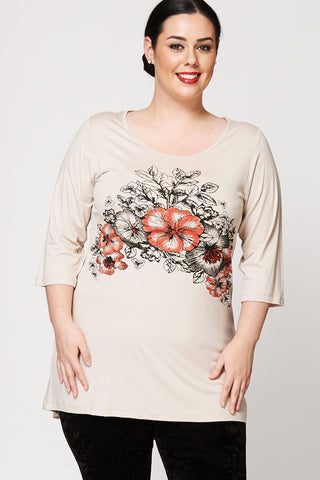 Flower Bed Print Dipped Hem Top-Grey-UK 22/24 - EU 50/52