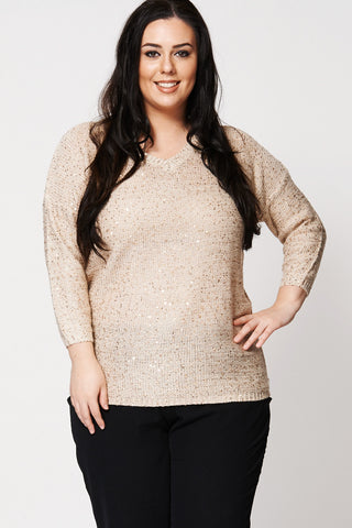 Sequin Detailed Jumper-Beige-UK 16/18 - EU 44/46
