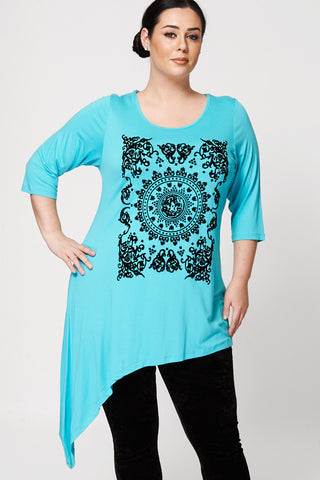 Flock Print Asymmetrical Hem Top-Turquoise-UK 26/28 - EU 54/56