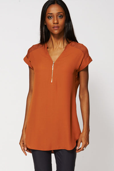 Rust Crochet Detail Tunic Long Top Ex-Branded-Brown-6