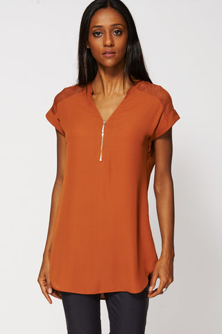 Rust Crochet Detail Tunic Long Top Ex-Branded-Brown-6